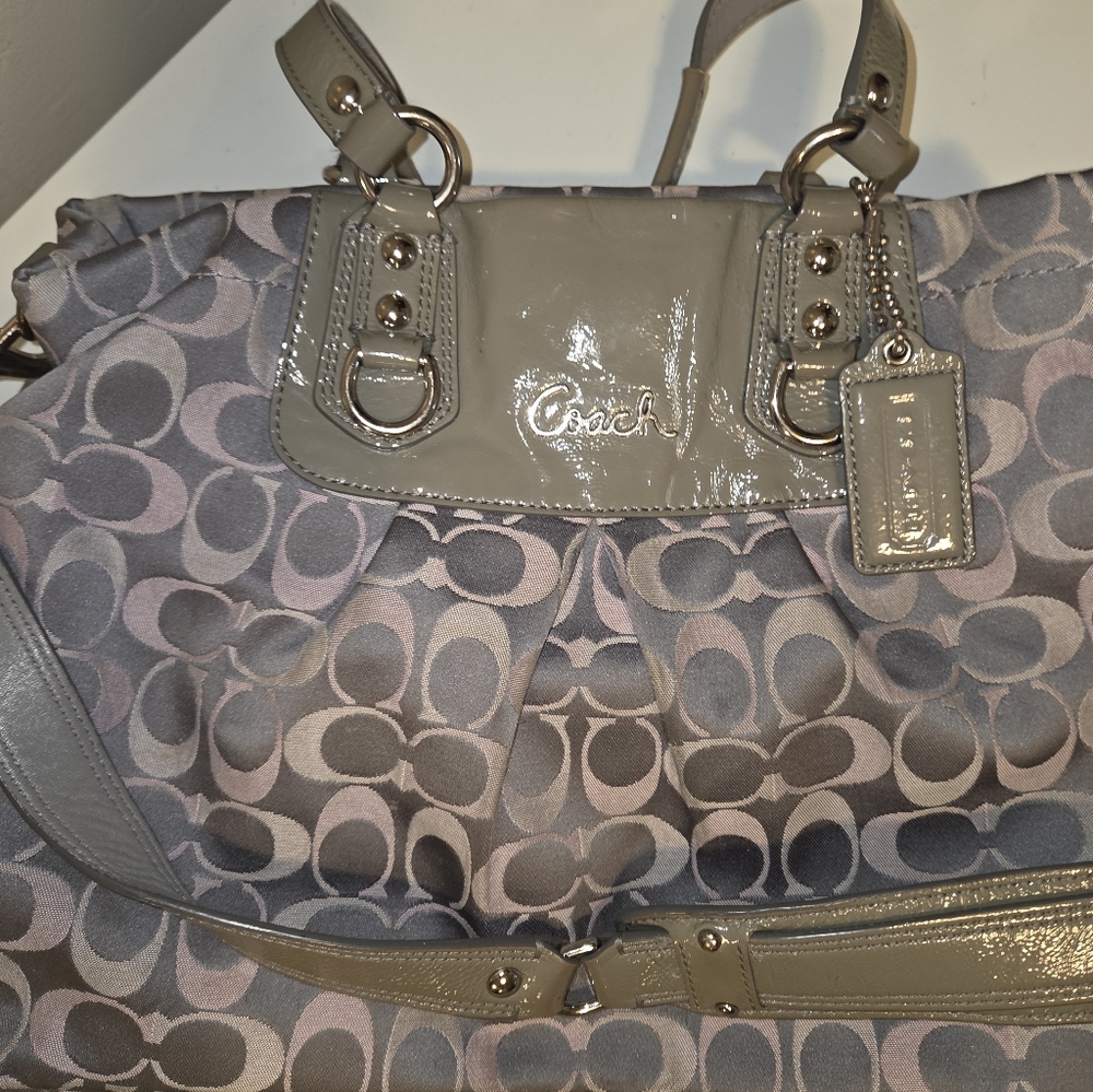 COACH Pink/Gray Monogram Handbag/Satchel w Patent Leather Accents